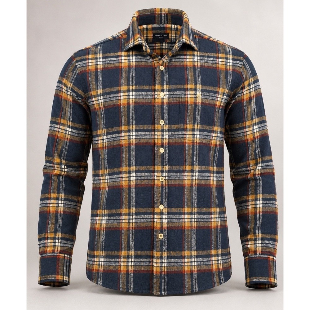 Proper Cloth Mens Shirt 2XL Relaxed Cotton Flannel Plaid Navy Gold Red Casual